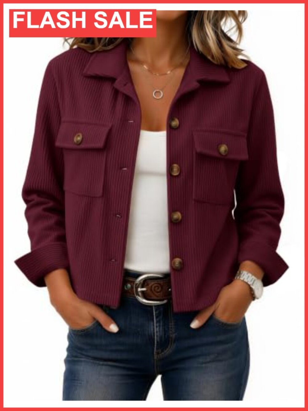 Corduroy Cropped Button Down Shacket Long Sleeve Collared Lightweight